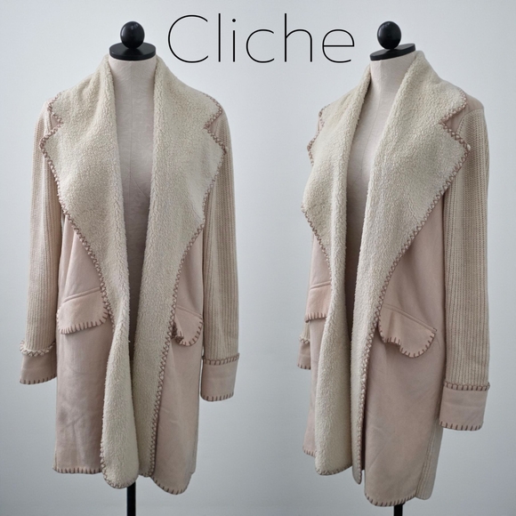 Cliche Cardigan Cable Knitted Faux Fur & Faux Suede Beige Tan Large - Picture 1 of 7